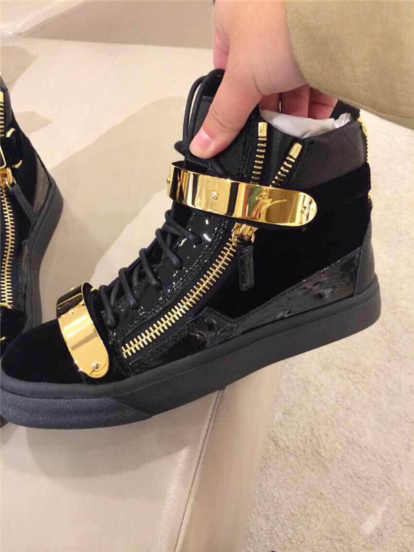 High End Giuseppe Zanotti Black Patent Leather Velvet High Top Sneaker With Two Gold Straps(with rec