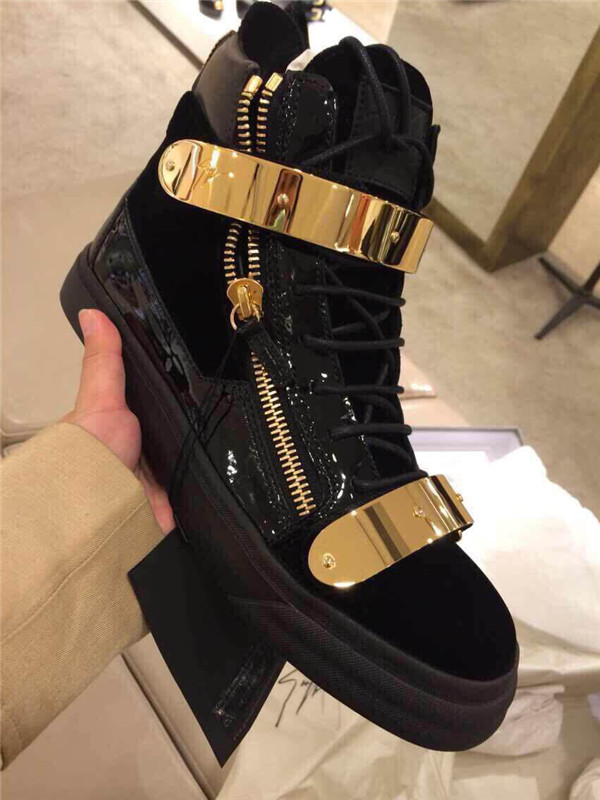 High End Giuseppe Zanotti Black Patent Leather Velvet High Top Sneaker With Two Gold Straps(with rec