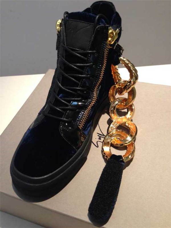 High End Giuseppe Zanotti Patent and Velvet Bling Chain High-Top Sneakers Blue(with receipt)