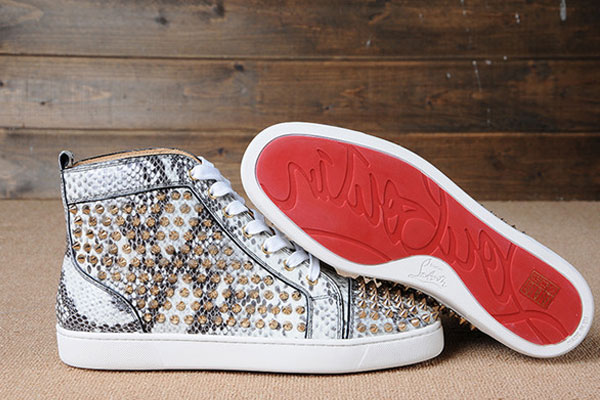 Super Max Perfect Christian Louboutin Louis Spikes Python Leather Men Flat With Golden Studs(with re