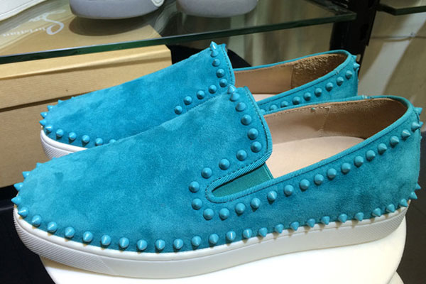 Super Max Perfect Christian Louboutin Pik Boat Spikes Suede Mens Flat Sneakers Sky Blue(with receipt