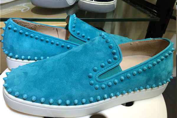Super Max Perfect Christian Louboutin Pik Boat Spikes Suede Mens Flat Sneakers Sky Blue(with receipt