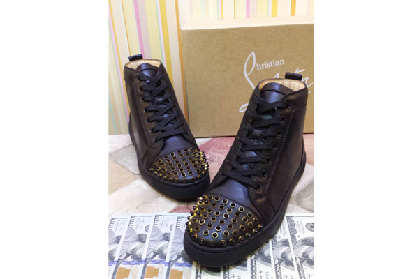 Super perfect Christian Louboutin High Top Gold Spike Black leather Sneaker(with receipt)