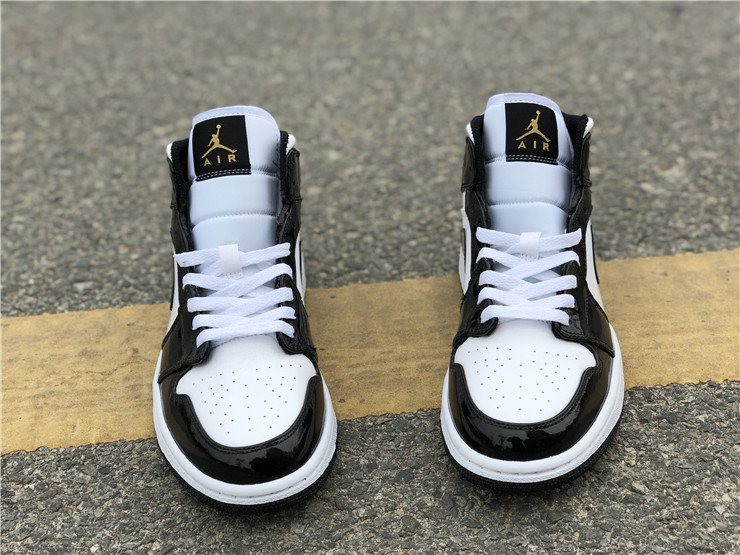 Authentic Air Jordan 1 Mid Patent Black White Gold